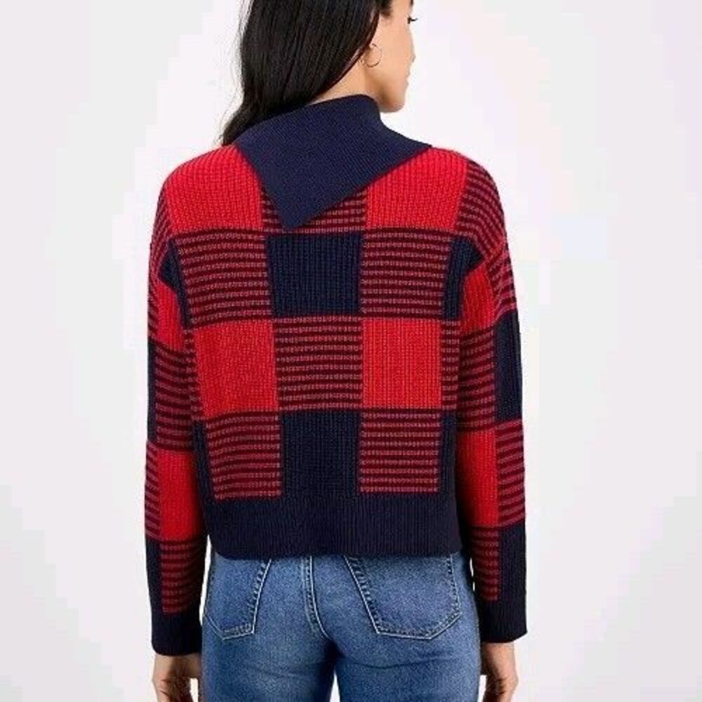 Nautica Jeans Women's Lakeside Cabin Knit Sweater XL Buffalo Check Red Black - Picture 2 of 8